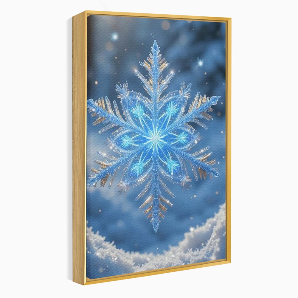 Tablou canvas cu tablou vertical cu fulg de zapada, in rama de aluminiu auriu